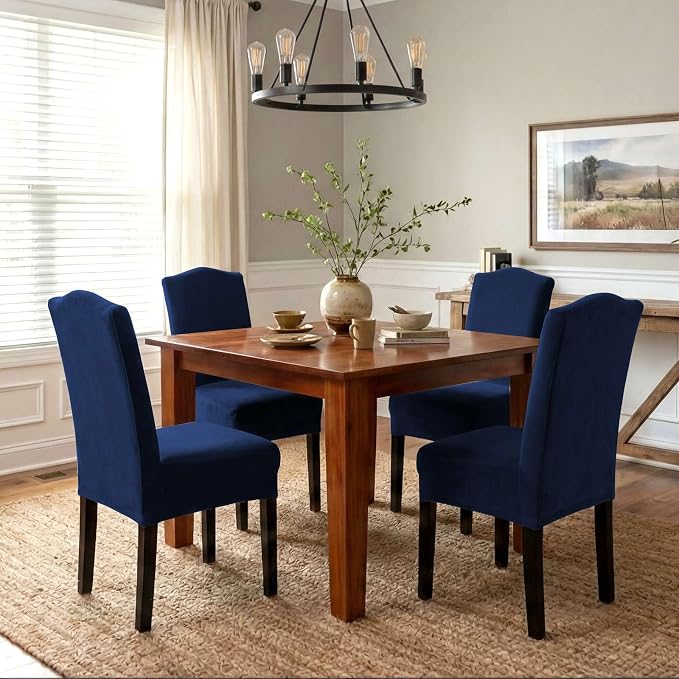 H.VERSAILTEX Velvet Dining Chair Covers Stretch Chair Covers for Dining Room Set of 2 Parson Chair Slipcovers Chair Protectors Covers Dining, Soft Thick Solid Velvet Fabric Washable, Navy