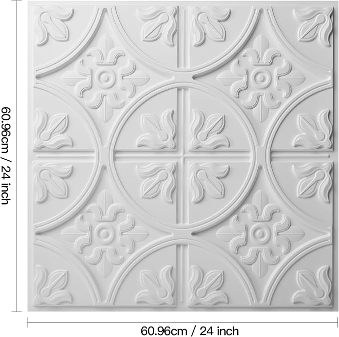 Art3d Drop Ceiling Tiles 24x24in. (12-Pack, 48 Sq.ft), Wainscoting Panels Glue Up 2ft x 2ft, White | PVC, Water Resistant, Shatterproof, Fade-Resistant, Compatible with Grid System, Versatile for Living Room, Bedroom & Office