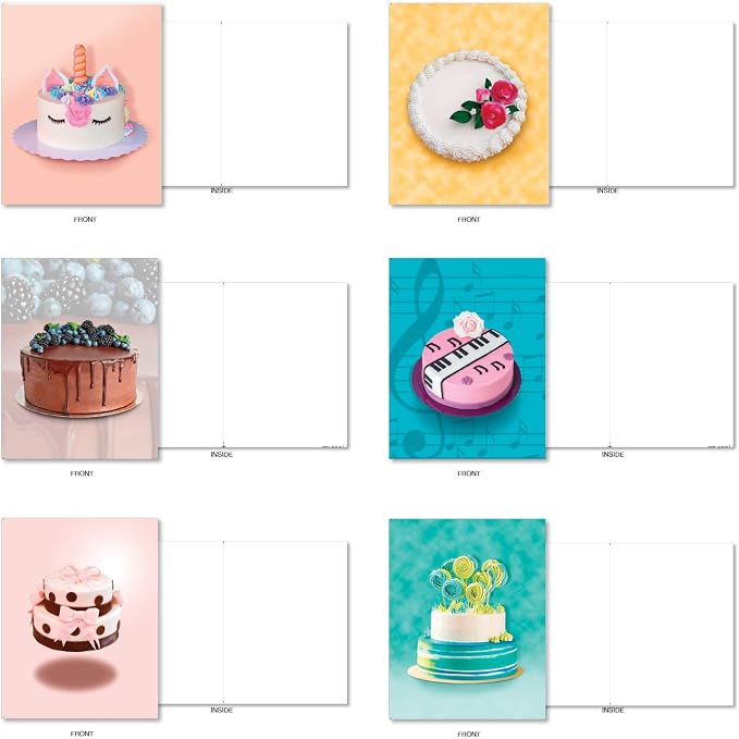 The Best Card Company - 36 Assorted Blank Notecards Bulk Box Set 4 x 5.12 Inch with Envelopes (36 Designs, 1 Each) Friendship Birthday Card Variety Pack - Cakes for All Seasons AM7074OCB-B1x36