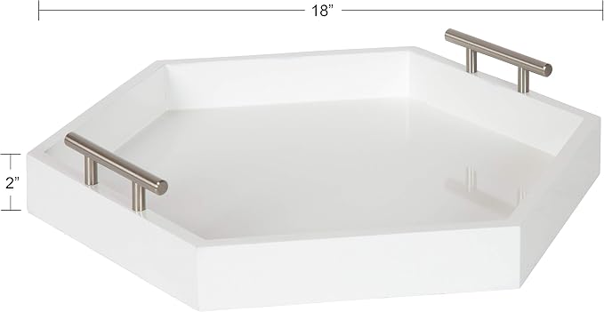 Kate and Laurel Lipton Modern Hexagon Tray, 18 x 18, White and Silver, Decorative Tray for Storage and Display