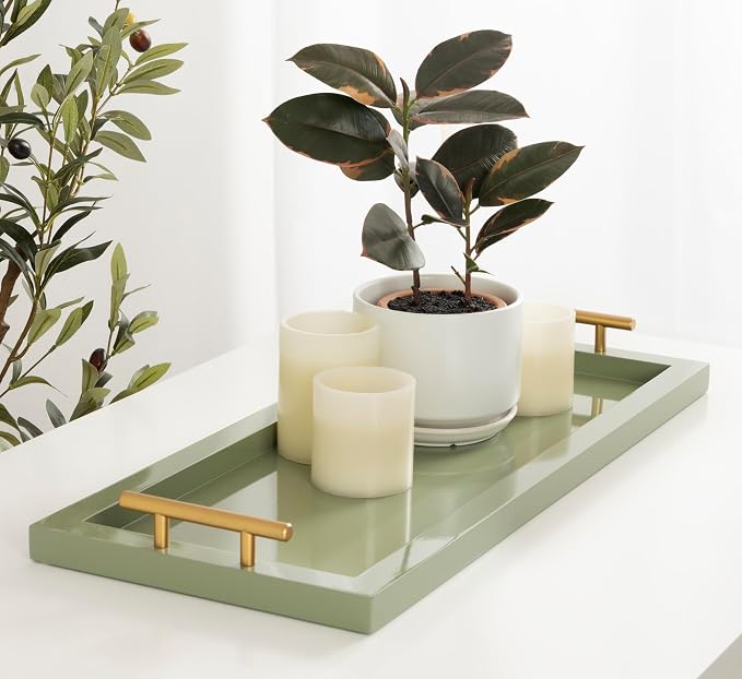 Kate and Laurel Halsey Rectangle Decorative Narrow Tray with Gold Metal Handles; 24 x 10; Green and Gold; Modern Glam Slim Serving Tray with Handles for Living Room Decor
