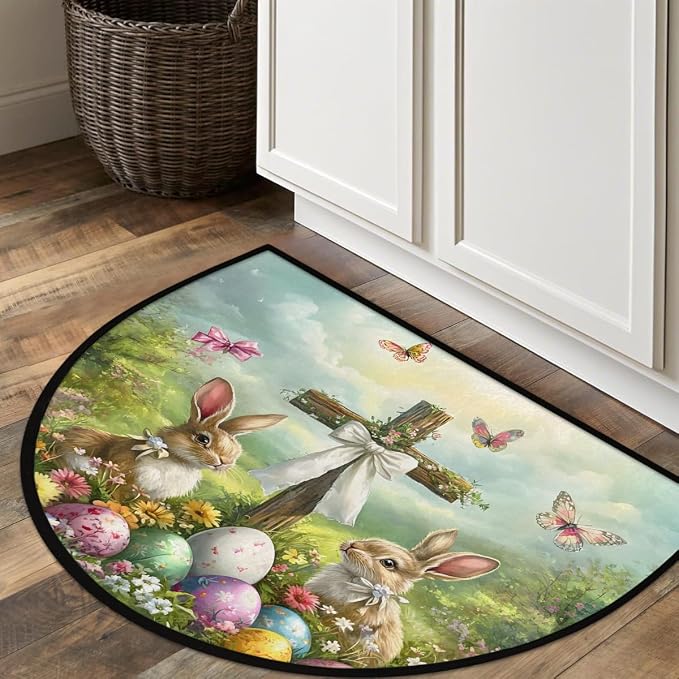 Easter Rabbit Half Round Rug Half Moon Door Mat Half Circle Rugs | Eggs Holiday Washable Non-Slip Semi Circle Rug Welcome Half Round Door Mat Indoor Entrance Kitchen Bedroom Living Room Decor
