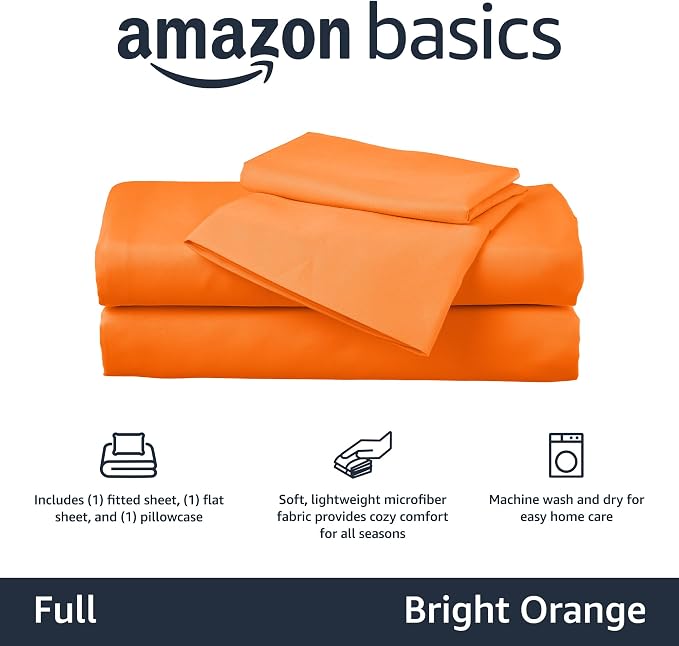 Amazon Basics Kid's Soft, Breathable, Easy-Wash Microfiber 4-Piece Sheet Set, Full, Bright Orange, Solid