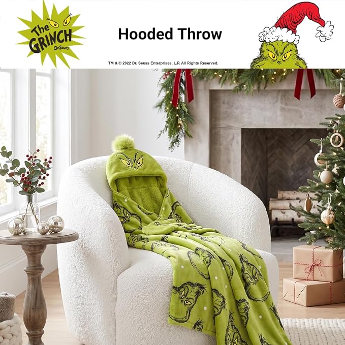 Grinch by Dr. Seuss Hooded Throw - Kids Christmas Bedding Super Soft Throw Blanket - 40 in x 50 in, (Officially Licensed Product) by Franco