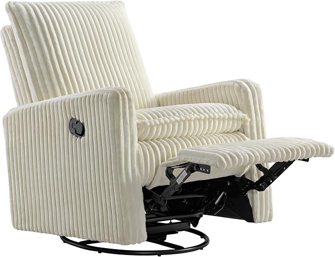 Oxford Baby Uptown Upholstered Glider Recliner Rocking Chair 360° Swivel for Nursery and Living Room - Corduroy Pearl White, Green Guard Gold Certified