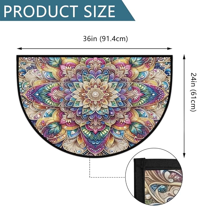 Flower Mandala Rainbow Half Round Door Mat Non-Slip Semi Circle Rug Washable Half Moon Floor Rug Absorbent Bathroom Area Rugs for Outdoor Indoor Fireplace Mat Entryway Kitchen Decor Rugs