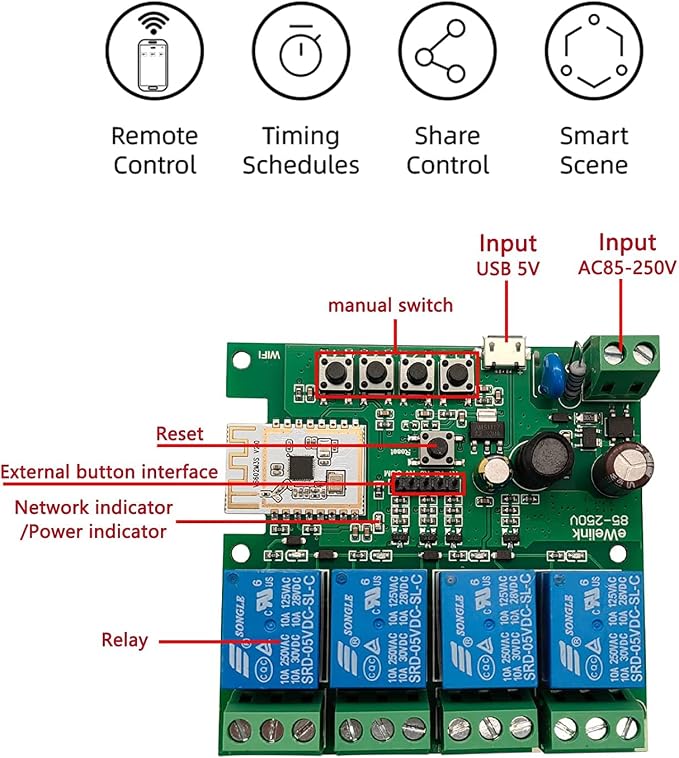 4 Channel Smart WiFi Relay Switching Module USB 5V/AC85V-250V, Supports Bluetooth Control, eWeLink App Remote Control, for Alexa Google Home