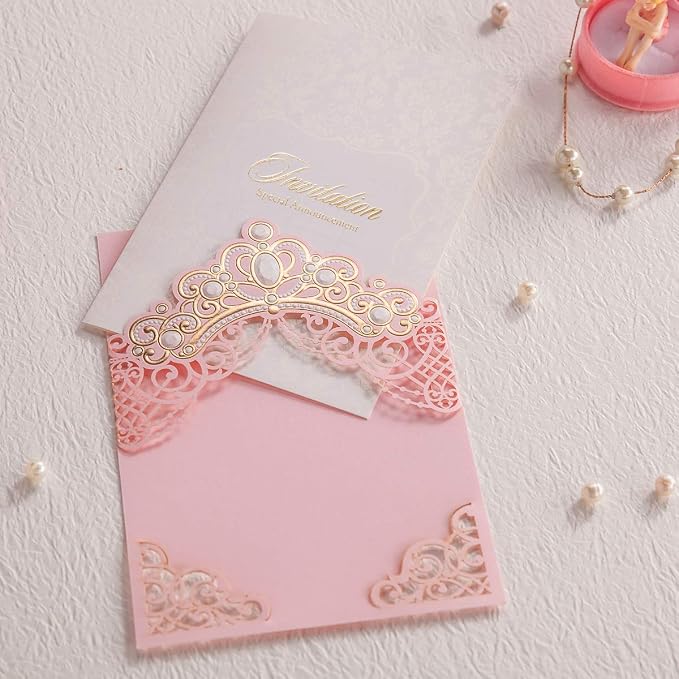 Hosmsua 50PCS Blank Pink Quinceanera Invitations Kit 5x7.3 Inch Laser Cut Floral Gold Crown Pocket Quinceanera Invitation Cards with Envelopes for Birthday Bridal Shower Invite