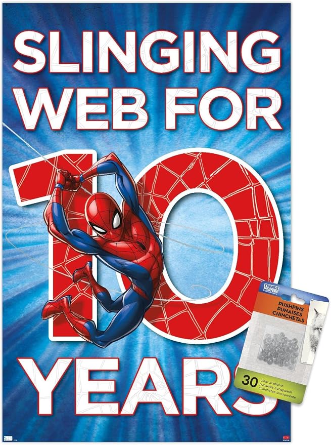 Trends International Marvel Spider-Man - Happy 10th Birthday Wall Poster, 14.72" x 22.37", Premium Poster & Push Pin Bundle