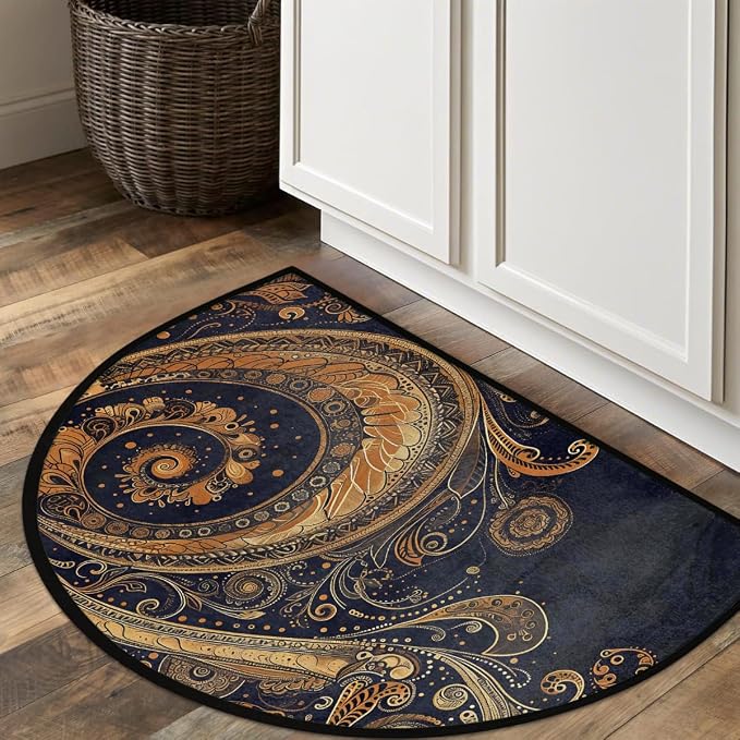 Gold Vintage Paisley Half Round Door Mat Non-Slip Semi Circle Rug Washable Half Moon Floor Rug Absorbent Bathroom Area Rugs for Outdoor Indoor Fireplace Mat Entryway Kitchen Decor Rugs