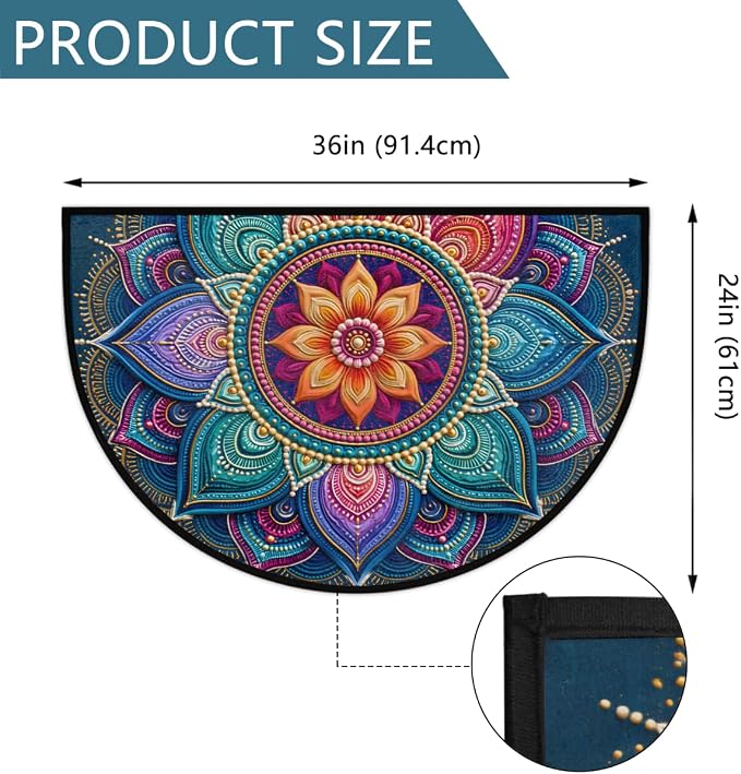 Mandala Half Round Door Mat Semi Moon Rug Fireplace Carpet Area Rugs | Ethnic Color Non Slip Absorbent Half Circle Mat Carpet for Indoor Outdoor Patio Kitchen Bathroom Entryway Home Decor