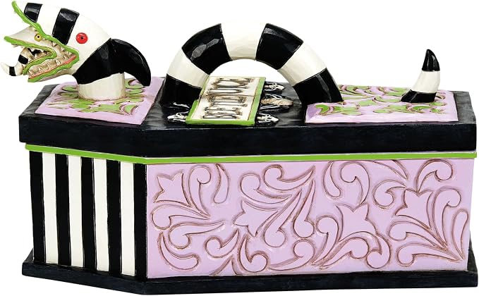 Enesco Beetlejuice by Jim Shore Coffin The Ghost with The Most Trinket Box- Resin Hand Painted Crafted Collectible Beetlejuice Sand Worm Striped Jewelry Box Halloween Home Decor Statue, 3.15 Inch