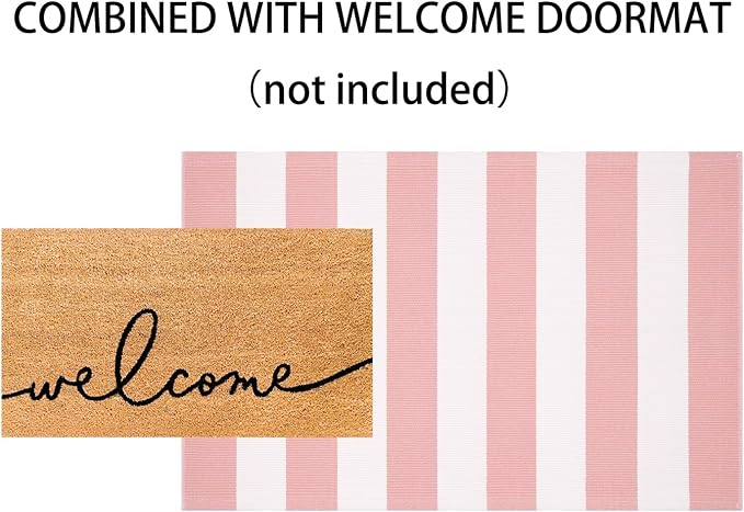 Striped Area Rug 27.5"x43",Pink White Farmhouse Front Porch Rug Cotton Woven Washable Entryway Rug Indoor Outdoor Front Door Mat for Porch/Entryway/Home Entrance Decor