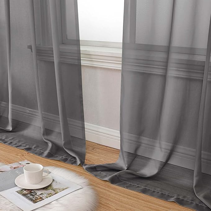 Grey Sheer Curtains 84 Inches Long 2 Panels, Soft Airy Light Filtering Curtains for Bedroom Living Room, Rod Pocket Privacy Drapes Window Treatments, Grey, Total Wide 84 Inch