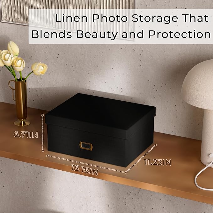 Decorative Photo Storage Box, Linen Photo Box Holds 1700 5x7 Pictures Black | Photo Storage Containers with 8 Dividers, Memory Keepsake Organizer for Photos, Scrapbook Supplies, Cards, Stamps,Archive Box