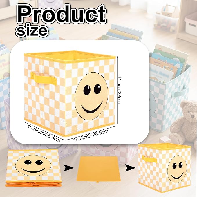 Bokon 6 Pcs 11 Inch Smile Face Classroom Storage Bins Pastel Back to School Classroom Must Have Fabric Foldable Storage Basket with Handles for Daycare Elementary School Shelves Toys Books