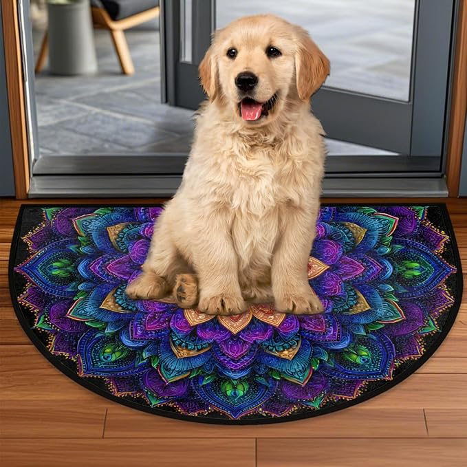 Boho Bohemia Ethnic Half Round Door Mat Non-Slip Semi Circle Rug Washable Half Moon Floor Rug Absorbent Bathroom Area Rugs for Outdoor Indoor Fireplace Mat Entryway Kitchen Decor Rugs