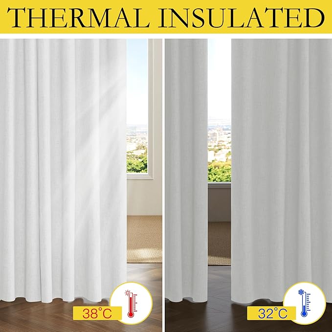 NICETOWN 100% Absolutely Blackout Linen Curtains with Thermal Insulated Liner, Greyish White, 62" Wide, 72" Length Energy Saving Curtains for Playroom 2 Panels Set, Vertical Blinds