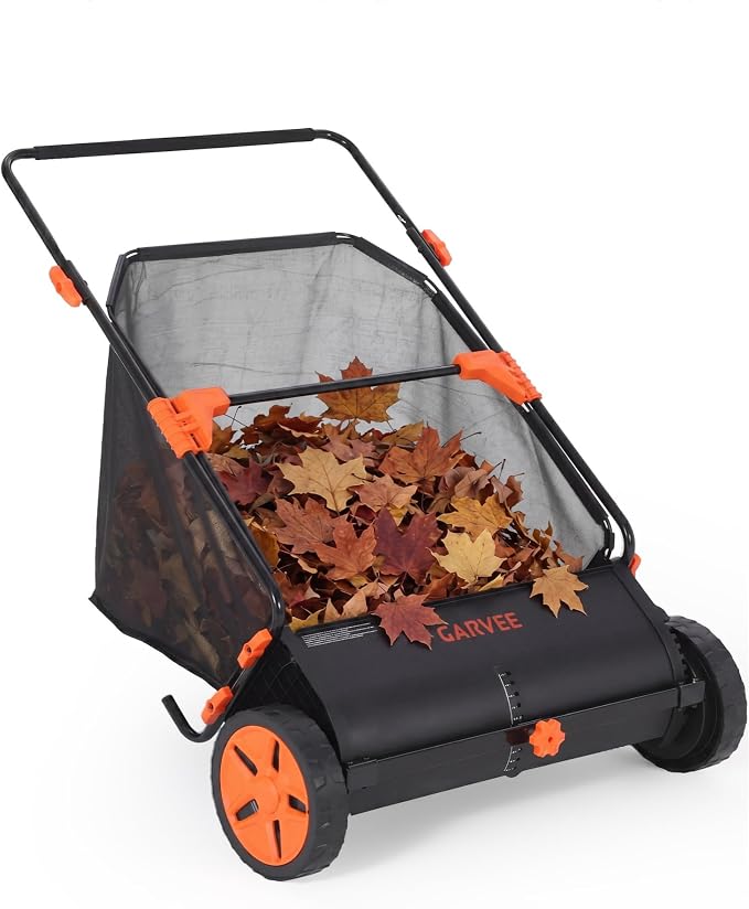 30 Inch Push Lawn Sweeper with Large 12 cu ft Collection Bag, Heavy Duty | Steel Frame, 10" Rubber Wheels, 4 Spinning Brushes, Manual Height Adjustment for Leaves Grass and Yard Debris, Black Orange