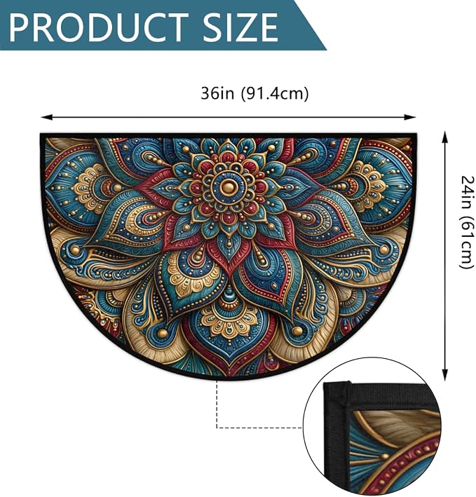 Mandala Half Round Door Mat Semi Circle Rug Half Moon Doormat | Soft Washable Blue Gold Welcome Entrance Mat for Outdoor Indoor Floor Bedroom Bathroom Home Kitchen Festival Decor