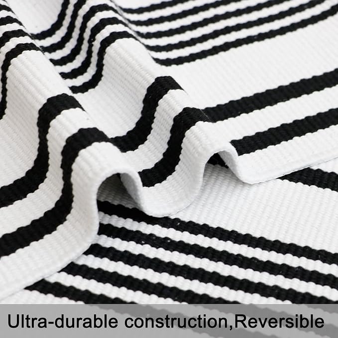 Black and White Striped Outdoor Rug Front Porch Rug 27.5"x43" Cotton Hand-Woven Welcome Mats Layered Door Mats for Front Porch/Entryway/Laundry Room/Bedroom/Outdoor