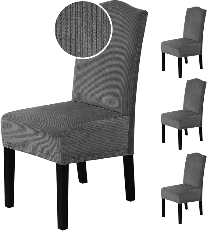 H.VERSAILTEX Velvet Dining Chair Covers Stretch Chair Covers for Dining Room Set of 4 Parson Chair Slipcovers Chair Protectors Covers Dining, Soft Thick Solid Velvet Fabric Washable, Grey Striped