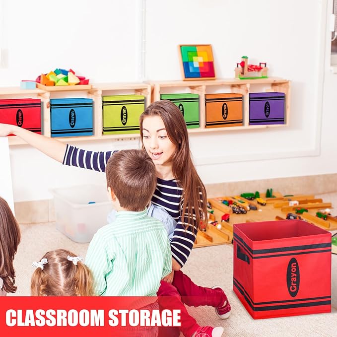RattanView 6 Pcs 11in Crayon Fabric Storage Bins Classroom Must Have Cubby Basket Bins Return School Treasure Prize Box End of Year Organization for Daycare Elementary Preschool
