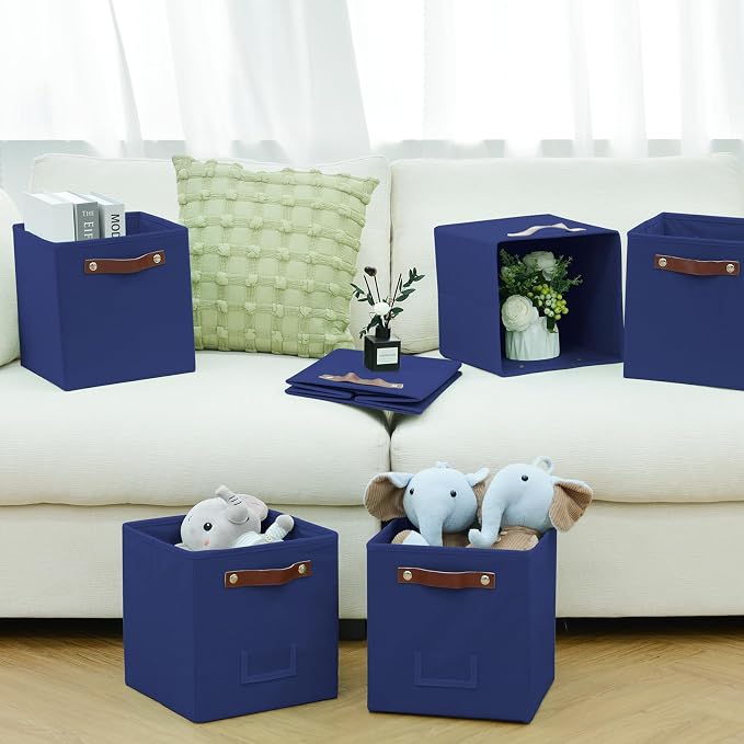 FinishingBo 10.5" x 11" Storage Bins with Labels 6 Pack | PU Leather Handles, Foldable Storage Cubes, Storage Baskets, Closet Storage, Blue