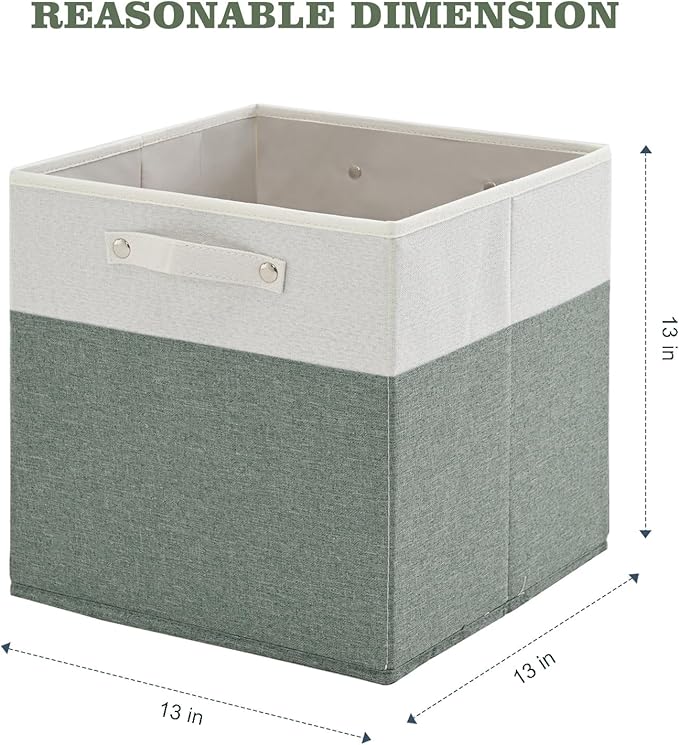 FinishingBo 13x13x13 Storage Cube Bins 4 Pack, Cube Shelf Baskets | Foldable Storage Cubes, Linen Storage Bins with Handles, Closet Organizers, White/Green