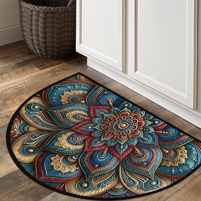 Mandala Half Round Door Mat Semi Circle Rug Half Moon Doormat | Soft Washable Blue Gold Welcome Entrance Mat for Outdoor Indoor Floor Bedroom Bathroom Home Kitchen Festival Decor