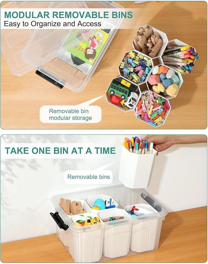 NUMIFUN 17QT Clear Storage Bins with Lids & Dividers for Crafts | Stackable 17-quart transparent box featuring 6 tall removable inserts. Perfect for organizing crafts, tools, toys & crayons