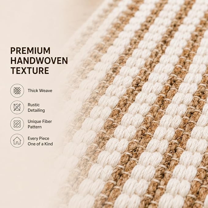 THE BEER VALLEY Jute Cotton Stripe Kitchen Rug 2x3 Feet - Natural White | Small Neutral Area Door mat for Entryway, Easy Clean Outdoor Indoor Boho Entry Rugs