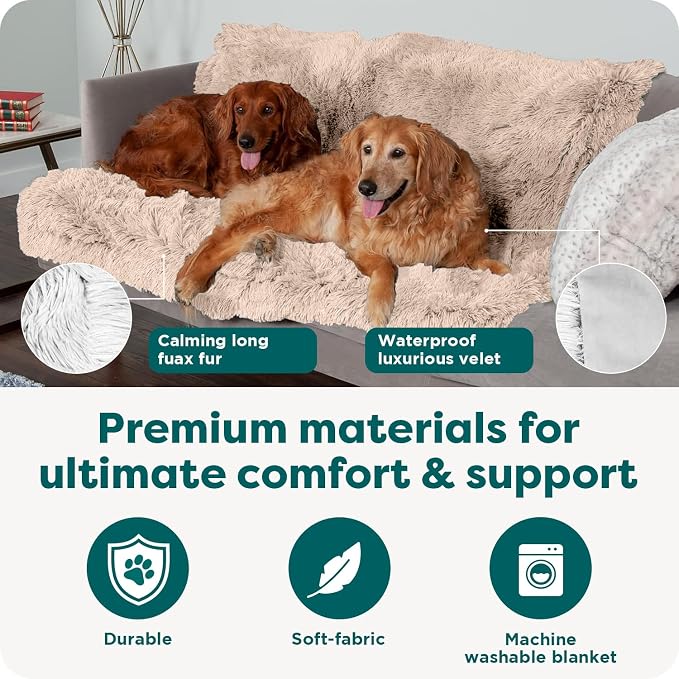 Furhaven Waterproof Throw Blanket for Dogs & Indoor Cats, Washable - Shaggy Plush Calming Long Faux Fur & Velvet Dog Blanket - Taupe, Medium