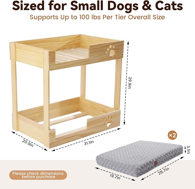 BALAPET Wooden Bunk Dog Bed with 2 Memory Foam Beds | Modern Pet Furniture, Waterproof Liners, Washable Covers, 31.1 x 20.9 x 29.9 in, Bedside Window Perch, For Medium Dogs & Cats