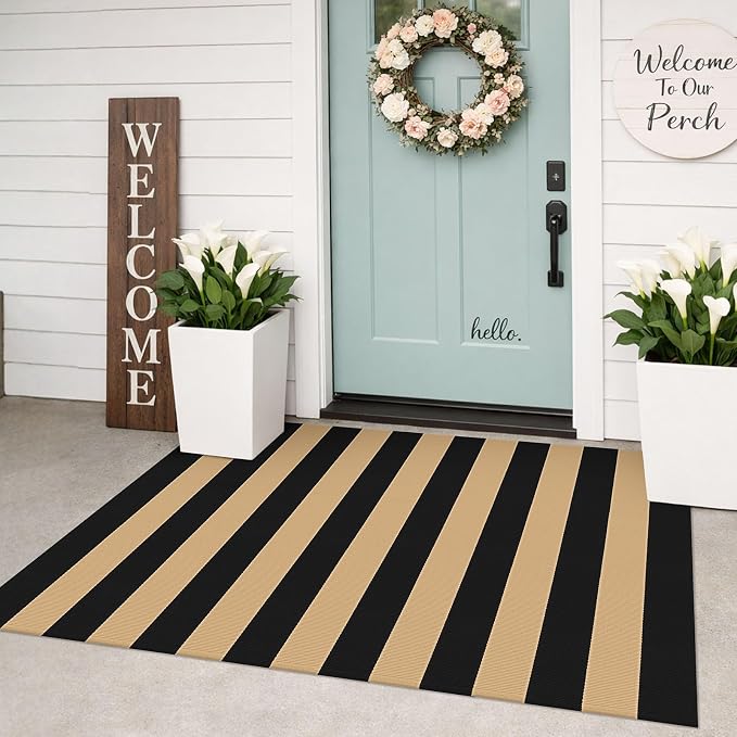 KILOCOCO Striped Rug 3x5 ft Washable Front Door Outdoor Rug, Brown Black | Cotton Layered Doormats, Washable Front Porch Rug, Woven Low Pile Welcome Mat for Kitchen Entryway Farmhouse Patio