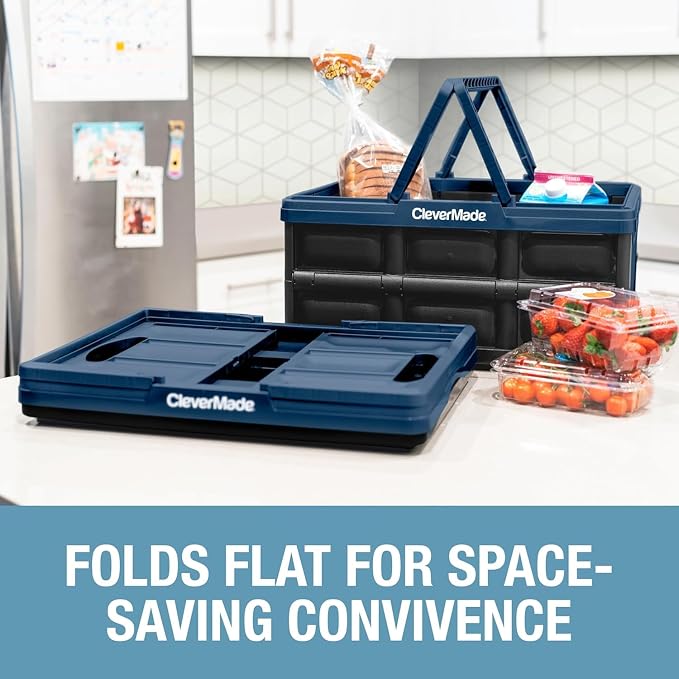 CleverMade Collapsible Shopping Basket, 32L, Recycled Plastic, Ocean | Rigid walls support up to 35 lb, while top and side handles balance heavier grocery, laundry, or gear loads.