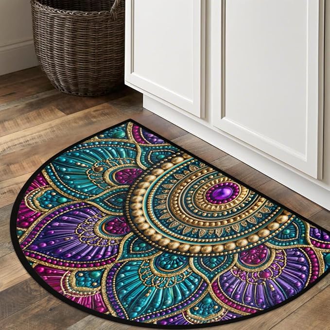 Mandala Half Round Door Mat Semi Circle Rug Half Moon Doormat | Soft Washable Beautiful Ethnic Welcome Entrance Mat for Outdoor Indoor Floor Bedroom Bathroom Home Kitchen Festival Decor