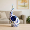Ceramic Elephant Figurine Sculpture – Artful Accent for Room Decor and Display, Shelf, Desk, Or Entry Table Styling, Boho Home Decor Polka Dot Design with Raised Trunk – 11", Blue and White Finish