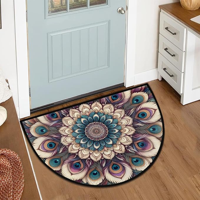 Ethnic Half Round Doormat Semi Circle Rug Half Moon Rug Entryway Mat | Mandala Peacock Washable Non Slip Outdoor Floor Rug Kitchen Mat for Indoor Outdoor Bathroom Fireplace Bath Decor