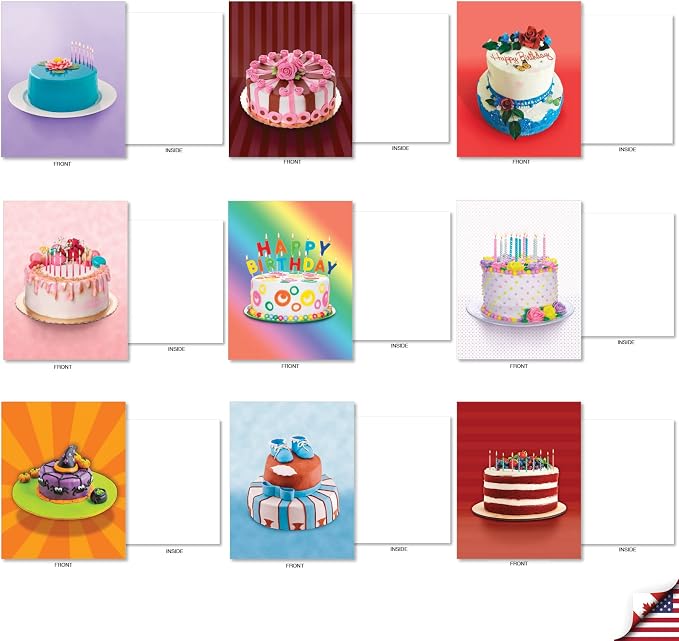 The Best Card Company - 36 Assorted Blank Notecards Bulk Box Set 4 x 5.12 Inch with Envelopes (36 Designs, 1 Each) Friendship Birthday Card Variety Pack - Cakes for All Seasons AM7074OCB-B1x36