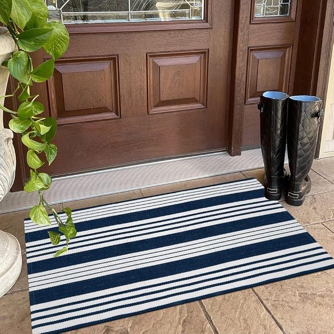 OJIA Outdoor Mats for Front Door 24"x51" Porch Rug Blue & White Outdoor Rug | Machine Washable Front Door Mat Cotton Woven Blue and White Outdoor Rugs Striped Kitchen Runner Doormat for Entry/Entrance