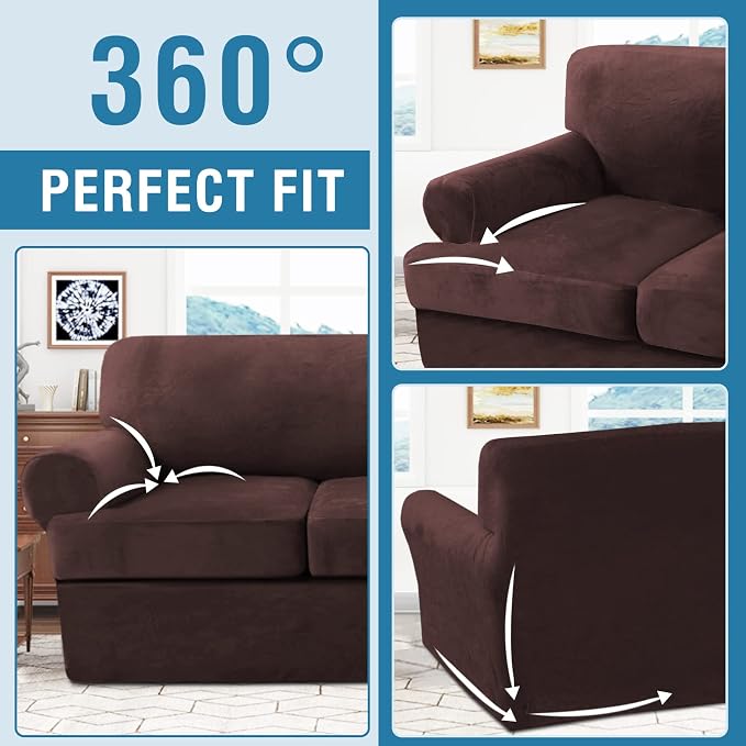 H.VERSAILTEX Sofa Cover 3 Piece T Cushion Sofa Slipcovers Thick Velvet Couch Cover Furniture Protector Stretch T Cushion Sofa Covers for 2 Cushion Couch with 2 T Cushion Covers Washable, Brown