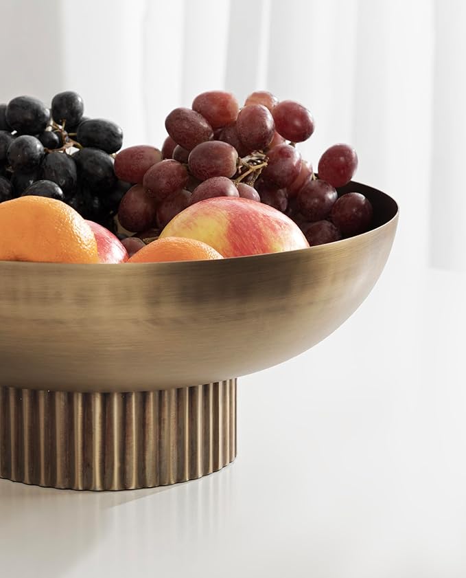 Kate and Laurel Rooks Ribbed Decorative Metal Bowl; 12 Inch Diameter; Brass; Modern Raised Fruit Bowl for Kitchen Counter or Use as a Key Bowl for an Entryway Table