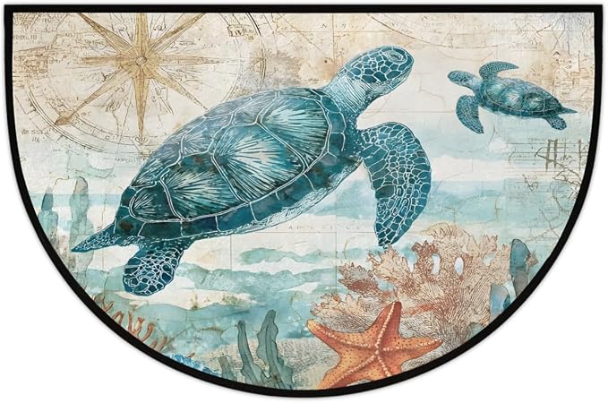 Vintage Turtle Half Round Door Mat Welcome Entrance Mat Bath Bathroom Rug | Vintage Turtle Welcome Entrance Mat Anti-Slip Half Moon Bath Mat Semi Circle Rug Indoor Outdoor Kitchen Rug