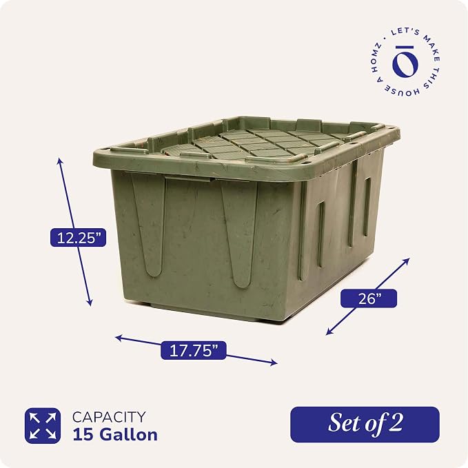HOMZ 15 Gallon Storage Tough Tote, Camo Green, 2 Pack