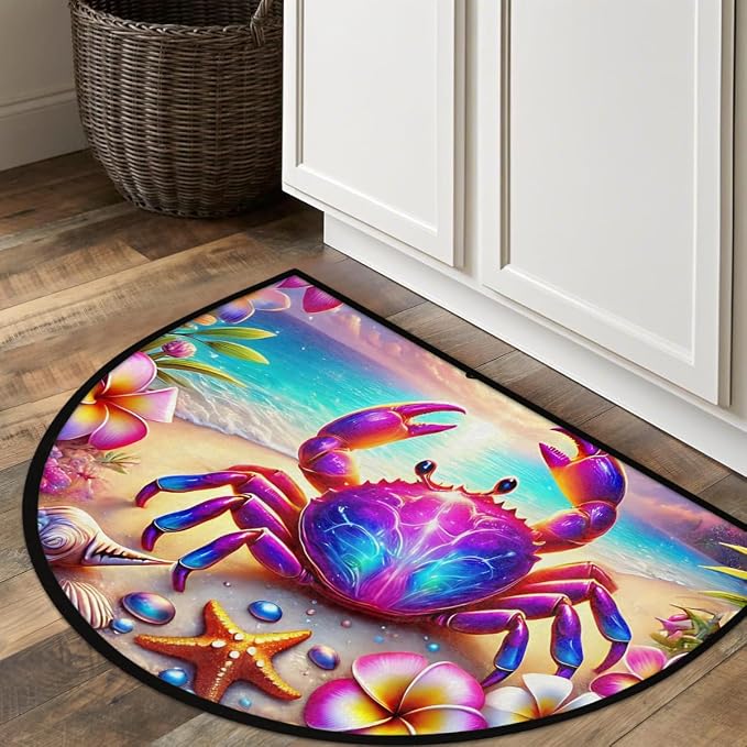 Summer Beach Crabs Half Round Door Mat Non-Slip Semi Circle Rug Washable Half Moon Floor Rug Absorbent Bathroom Area Rugs for Outdoor Indoor Fireplace Mat Entryway Kitchen Decor Rugs