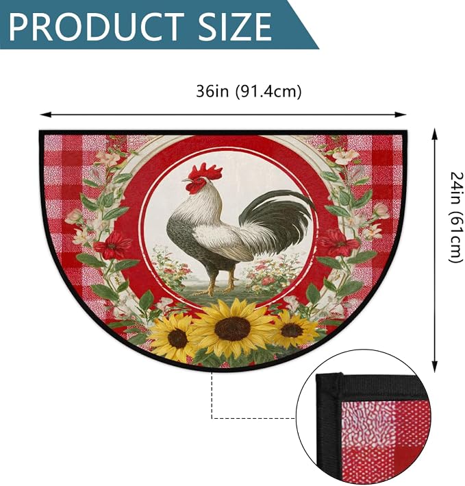 Half Round Door Mat Red Checkered Rooster Half Moon Doormat Absorbent Bedroom Kitchen Floor Mat Non Slip Decoration Semi Circle Entrance Welcome Rug for Indoor Outdoor Patio Fireplace Decor 24"x36"