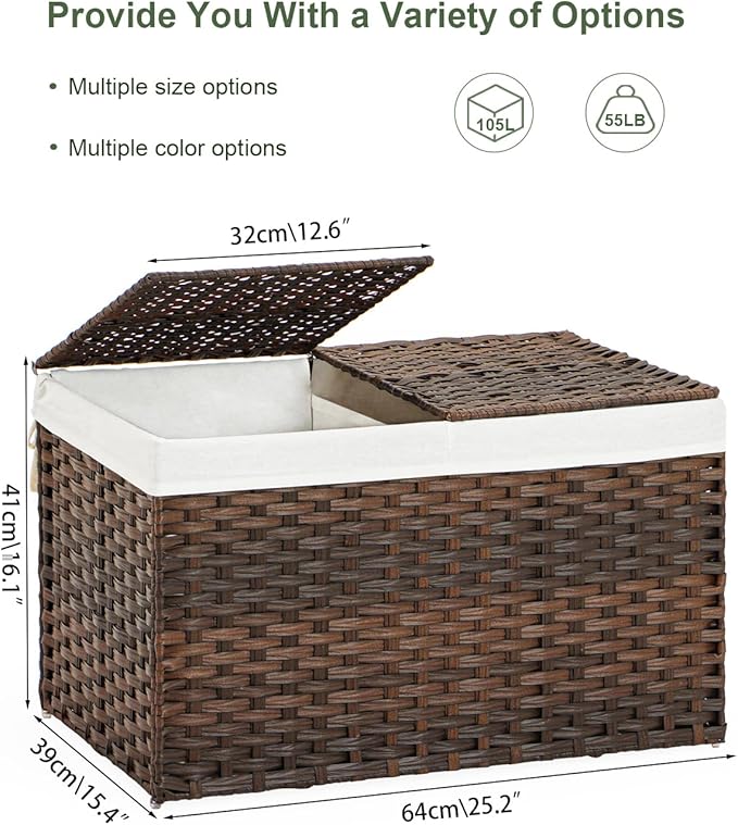 SETVSON Storage Basket with Lid PE Rattan Storage Basket 105L, Brown | 27.8 Gal Storage Bin with 2 Separate Lids, 2 Removable Liners for Clothes & Blankets, Sturdy Metal Frame, PE Rattan