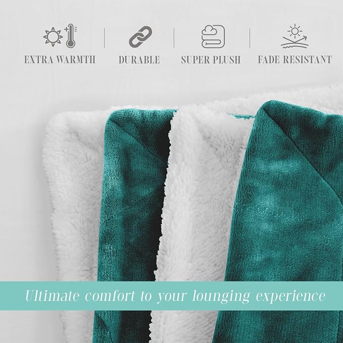 Elegant Comfort Throw Blanket, Reversible Sherpa Flannel, Ultra-Soft, Fuzzy, Cozy and Plush- All Season Lightweight Decorative Throw, 50 x 60 inches, Solid Sherpa Throw, Turquoise