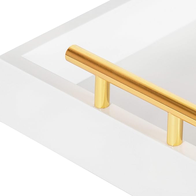 Kate and Laurel Lipton Narrow Decorative Tray with Polished Metal Handles, White and Gold